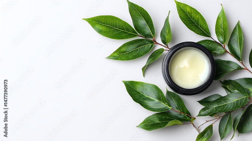 Poster round cosmetic natural cream open jar with green leaves on white background top view with copy space