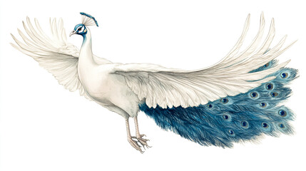 Obraz premium A white peacock with blue plumage, full-body view, against a white background.