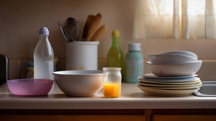 Kitchen countertop with various dishes, bowls, and utensils arranged neatly, showcasing a warm and inviting domestic atmosphere with natural light filtering through the window