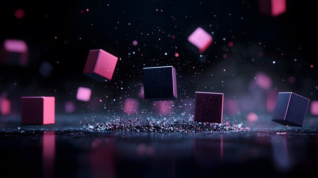 Fototapeta Glittering Pink and Purple Cubes Expanding Outward on Dark Reflective Surface