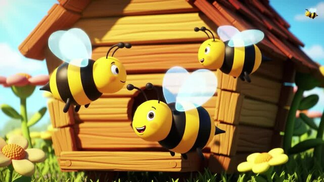 Colorful cartoon bees buzzing around a cheerful hive in a vibrant flower garden