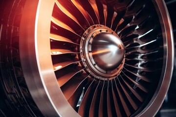 Close-up of a jet engine fan with metal blades and a central hub, illuminated with an orange light source, creating a sleek, modern aesthetic.