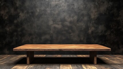 Rustic wooden table against dark textured wall in studio setting product display background close up eye level shot