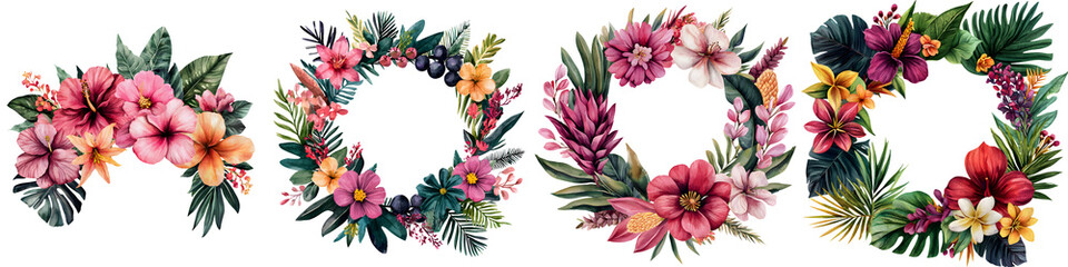 Vibrant floral wreaths featuring diverse tropical flowers in striking colors, displaying intricate patterns and lush greenery, ideal for nature-themed designs and decorative uses