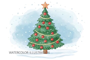 Obraz premium Watercolor Christmas Tree with Red Ornaments and Star on White Background