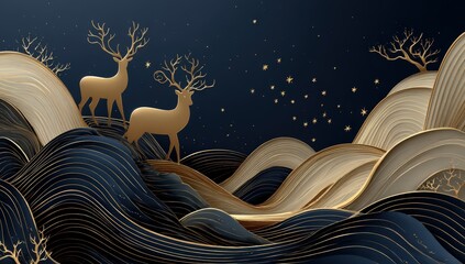 Naklejka premium Stylized golden deer stand among abstract hills and trees under a starry night sky in a surreal landscape.