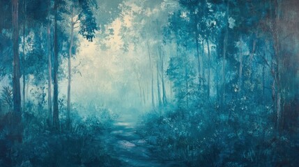 Obraz premium Misty forest path, teal tones, tranquil scene