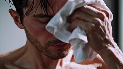 Athletic man wiping sweat after intense workout in stylish gym setting