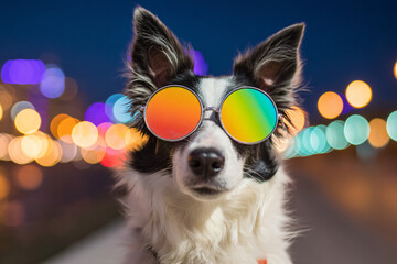 stylish canine in party goggles looking attentively with vibrant city night bokeh in background, fun pet portrait