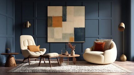 Retro mid century interior with navy blue and beige wall art in textured abstract style, cozy furniture