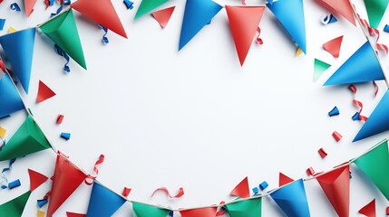 Festive garland of colorful triangular flags and confetti forms a border around a white background.