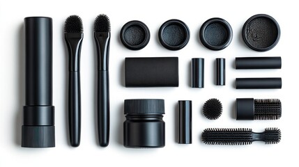 Obraz premium Black makeup tools and containers arranged on a white background