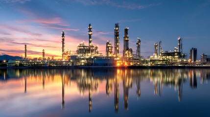 Refinery plant at twilight with reflection in water, 3d render, oil refinery plant for crude oil industry in evening twilight, energy industrial machine for petroleum gas production background