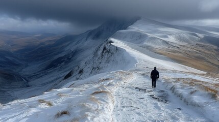 Hiker on snowy mountain ridge