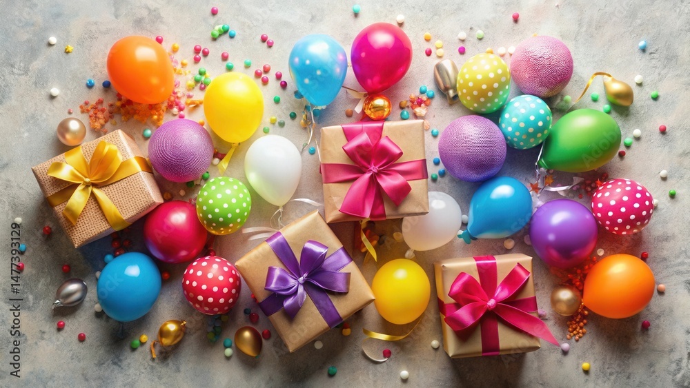 Poster a celebratory arrangement of colorful balloons and festively wrapped gifts scattered on a textured s