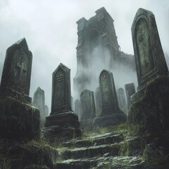 A mysterious, overgrown cemetery with stone tombstones shrouded in fog, the pathway leading up to an ominous, half-ruined tower.