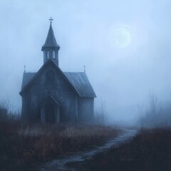 A mysterious, old wooden church in a foggy field, lit by the moon.