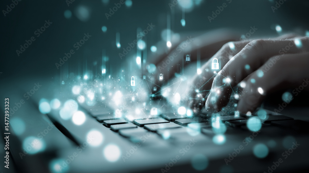 Poster hands typing on laptop keyboard, glowing network and lock icons symbolizing online security and data
