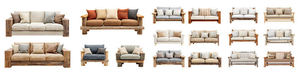 Fototapeta premium Stylish and comfortable sofa sets featuring wooden frames, soft cushions, and a variety of color options perfect for contemporary living spaces, home decor, and interior design.