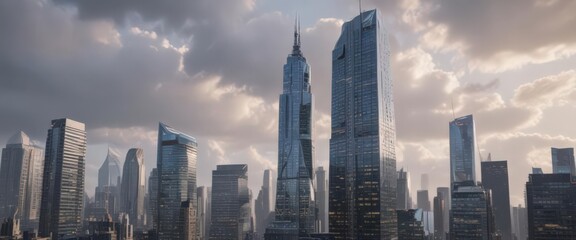 Sleek glass skyscraper rising; city skyline backdrop, skyscraper,  sunset