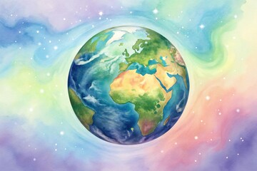Naklejka premium Watercolor Earth drifting in colorful abstract space Vibrant watercolor depiction of Earth with a colorful cosmic background.