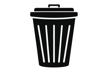 Simple Black Silhouette Illustration of a Trash Can with Lid and Vertical Lines