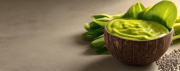 Keto Smoothie Concept, Creamy green dip in a textured bowl with fresh leaves on a neutral background.