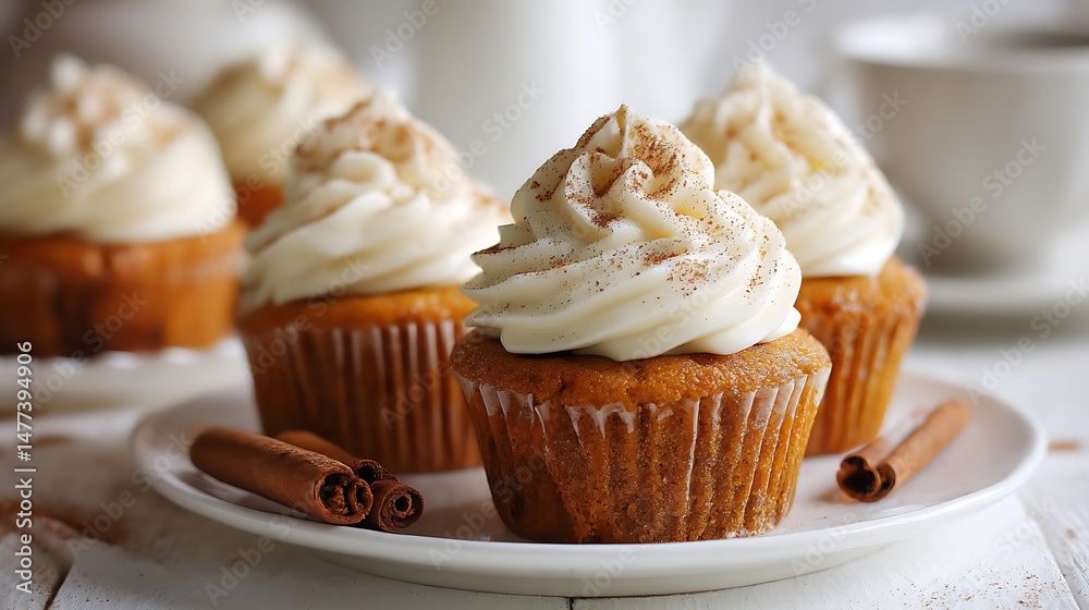 Aufkleber pumpkin cupcakes on a white table topped with cream cheese frosting and dusted with cinnamon