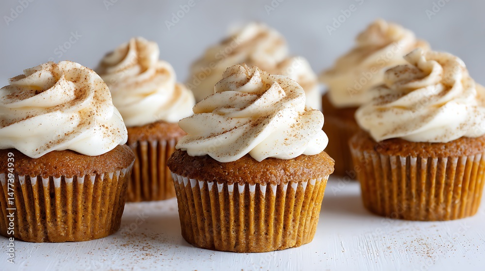 Aufkleber pumpkin cupcakes on a white table topped with cream cheese frosting and dusted with cinnamon