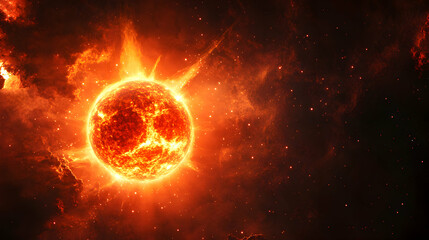 Obraz premium Bright and Fiery Sun Surrounded by Cosmic Nebula in Space