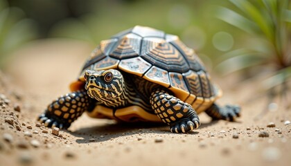 Naklejka premium Beautiful tortoise crawling on sandy ground in a natural environment