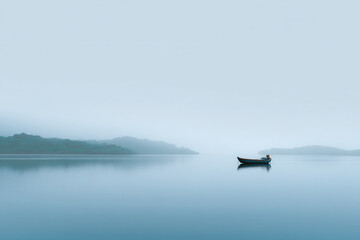 Fototapeta premium serene morning scene with fog hovering over tranquil lake