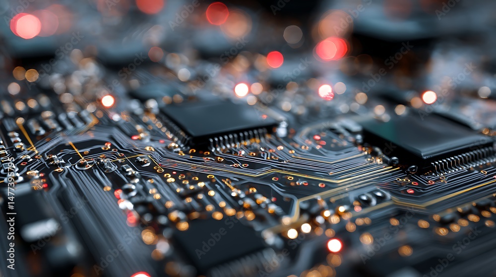 Poster Printed circuit board, abstract technological background made of different element printed circuit board, depth of field effect and bokeh can be used as digital dynamic wallpaper
