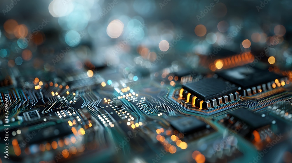 Aufkleber Printed circuit board, abstract technological background made of different element printed circuit board, depth of field effect and bokeh can be used as digital dynamic wallpaper