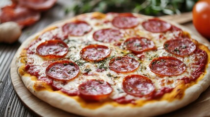 A small pizza with cheese and herbs on a white background.