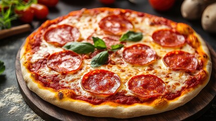 A small pizza with cheese and herbs on a white background.