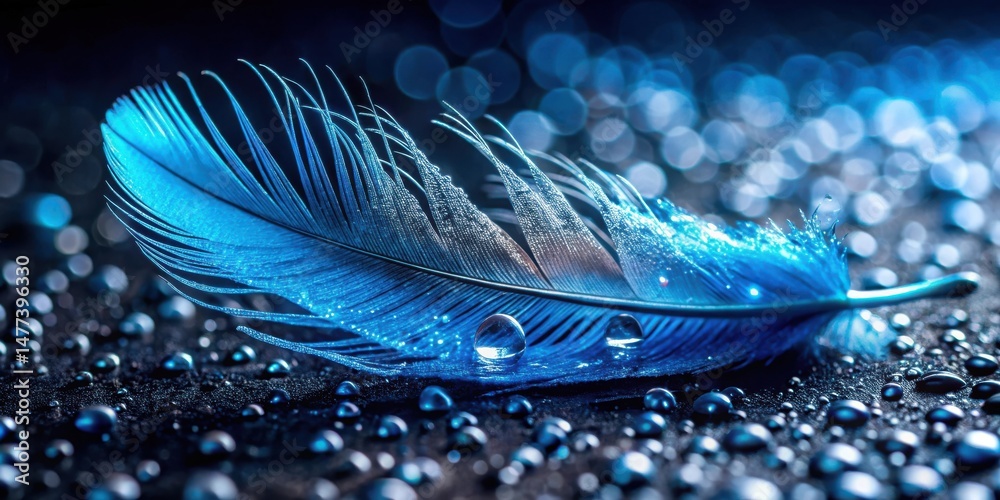 Poster a single blue feather adorned with dew drops rests on a dark surface illuminated by soft, shimmering