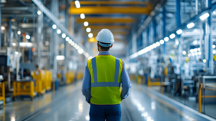 Worker in Safety Vest Observing Modern Industrial Warehouse Environment