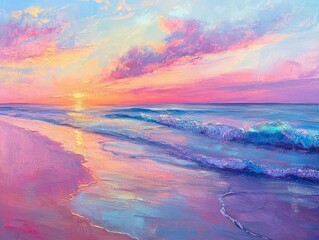 A painted landscape of a pink and purple sunset over the ocean with waves crashing on the sandy beach.