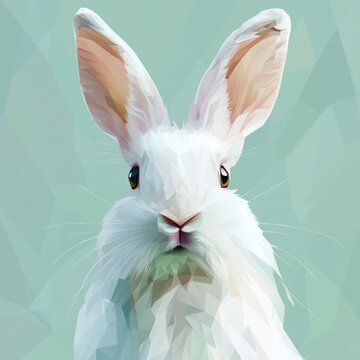 Stylish geometric WPAP illustration of a white bunny made from colorful polygons. A modern digital artwork with a pastel background and vivid gaze