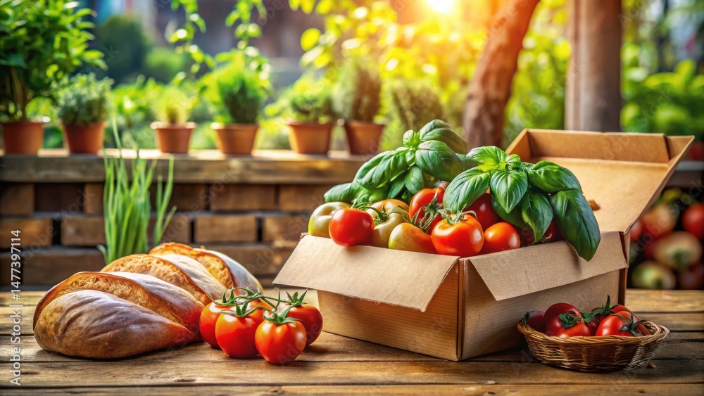 Poster a sunlit rustic scene of freshly harvested tomatoes and basil nestled in a cardboard box, accompanie