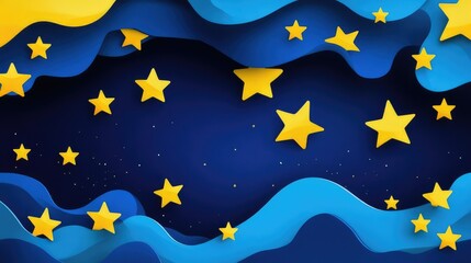 Night sky with gold stars forms a seamless vector pattern, a European symbol against the blue of space