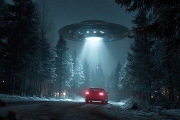 Ufo Sighting Over Car in Winter Forest
