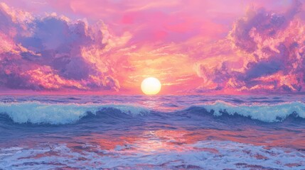 A painting of a pink and orange sunset over the ocean with large, puffy clouds.