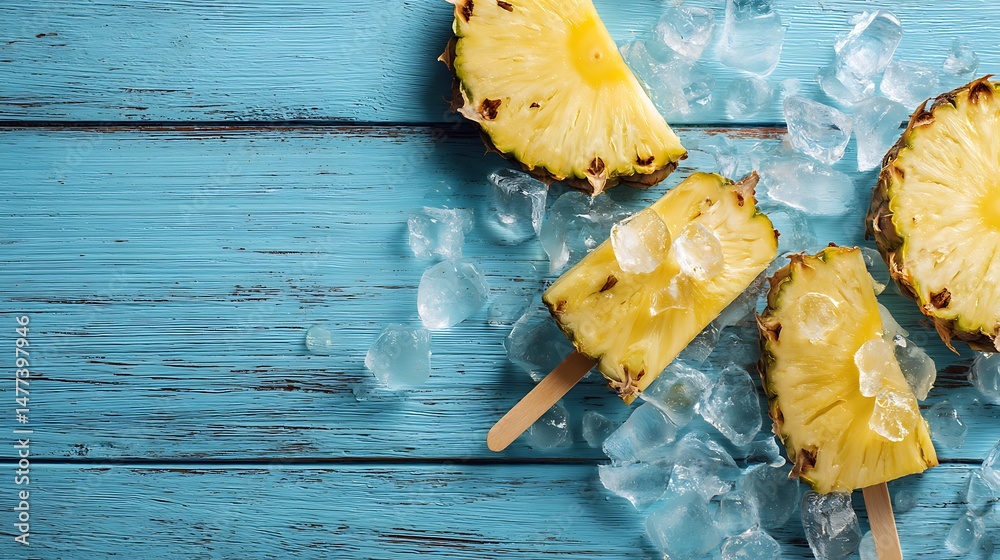 Poster pineapple slices, popsicle sticks, and ice displayed on a blue wooden table with empty space, creati