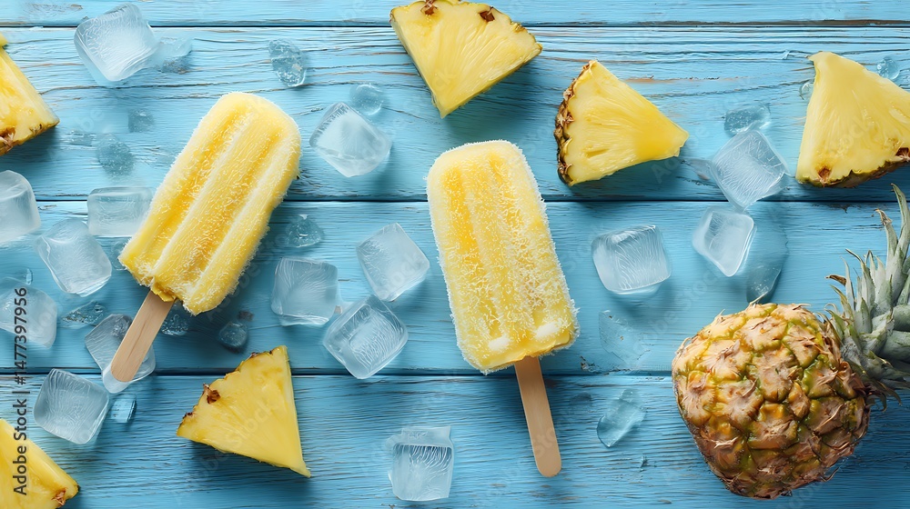Poster pineapple slices, popsicle sticks, and ice displayed on a blue wooden table with empty space, creati
