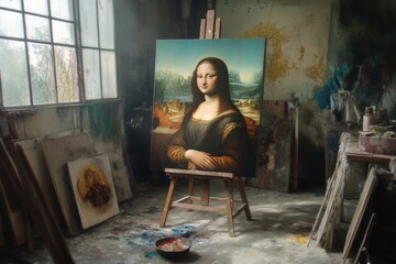 A painting of the Mona Lisa on an easel in a messy art studio with paint splatters on the floor.