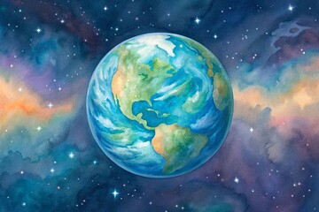 Obraz premium Watercolor painting of planet Earth floating in deep space Vibrant watercolor illustration of Earth surrounded by a cosmic background filled with stars.