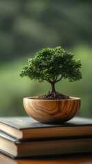 A wooden bowl with a green tree inside, placed on top of books. This is a product photography shot, with a close-up view and a blurred background.