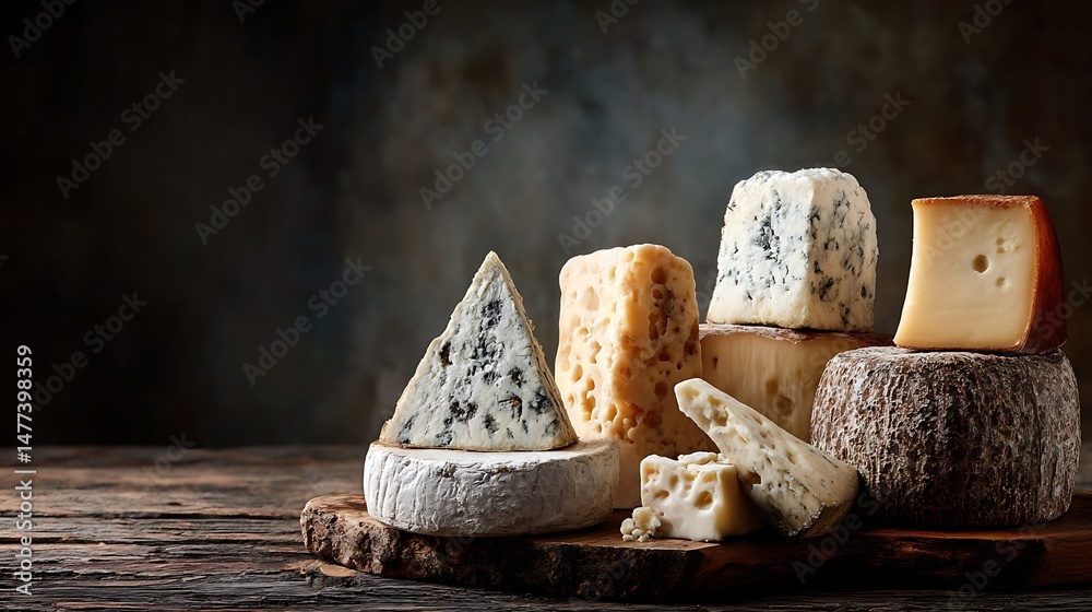 Poster photo of a delicious variety of cheeses displayed on a rustic table with copy space